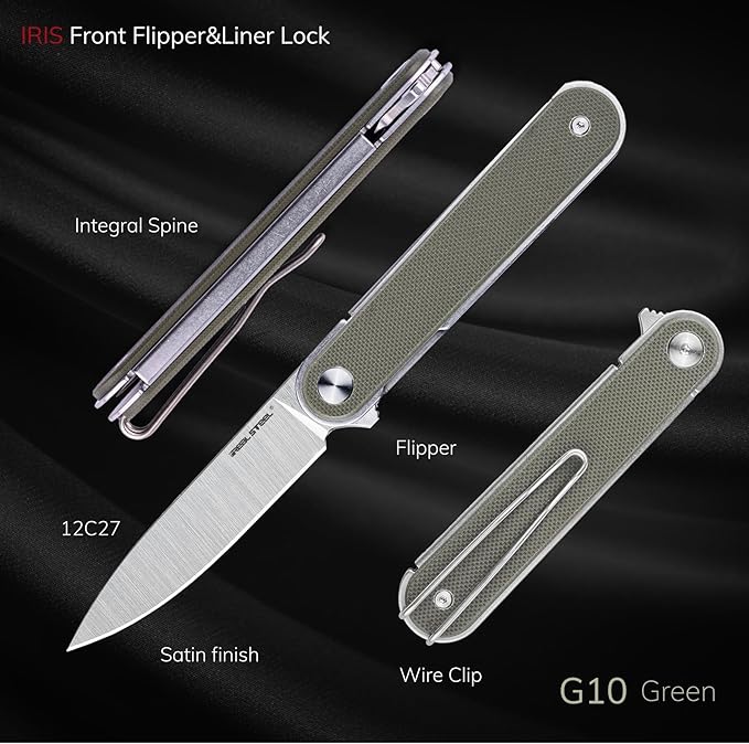 REALSTEEL IRIS Pocket Knife, Folding Knife, Flipper, Liner Lock, 2.99" 12C27 Steel Blade