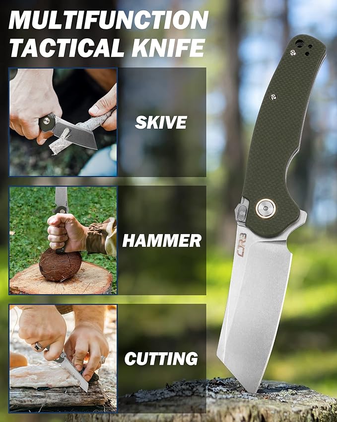 CJRB Crag Tactical Knife, Cleaver Pocket Folding Knife with Stonewash AR-RPM9 Steel Blade and G10