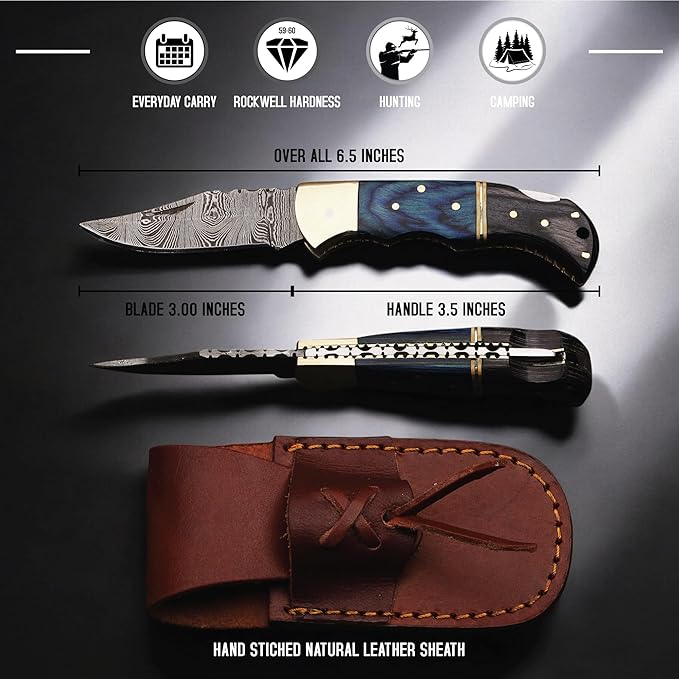 6.5 inch Damascus Pocket Knife with Sheath, Handmade Folding Pocket Knife for Men, Black-Red Wooden