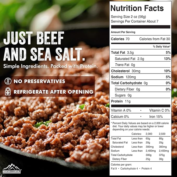 MOUNTAIN ESSENTIALS Ground Beef 14 Oz Fully Cooked Ready to Eat Hamburger Meat Emergency Survival