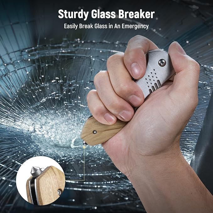 Folding Pocket Knife - 3.46" Sharp Blade Olive Wood Handle Pocket Knives with Clip, Glass Breaker