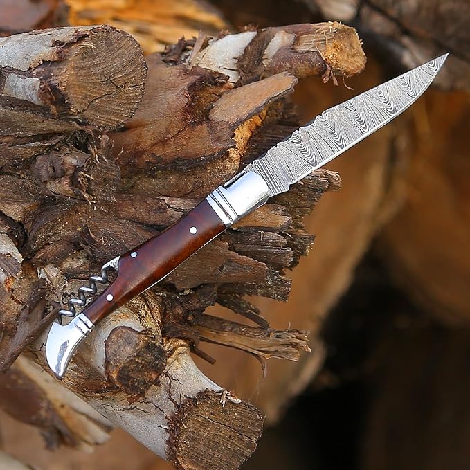 6.5 inch Damascus Pocket Knife with Sheath, Handmade Folding Pocket Knife for Men, Black-Red Wooden