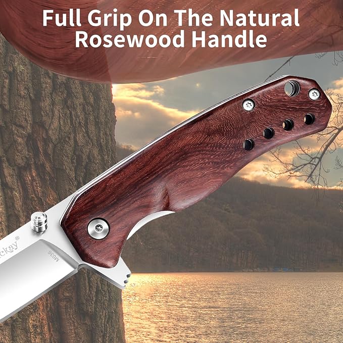Vickay Pocket Knife for Men, Folding Knife for Women with Clip, 2.9inch 8Cr13MoV Steel Blade, Wood