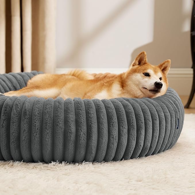 Bedsure Donut Large Dog Bed - Washable Faux Fur with Corduroy Fleece & Anti Slip Bottom, Round Pet