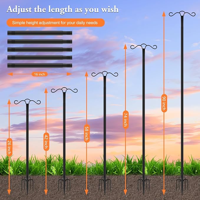 SINLEY 4 Pack 90 inch Double Shepherds Hook for Outdoor with 5 Prong Base Heavy Duty Two Sided Bird