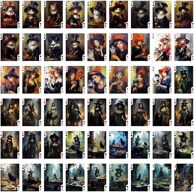 Wicca Witch Playing Cards (Poker Deck 54 Cards All Different) Elegant Witch Ladies with Black Cats