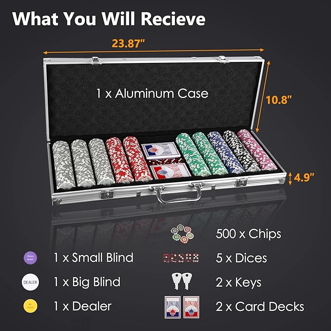 SHANTRA 500 PCS Poker Chips Poker Sets with Aluminum Case, Texas Hold?™Em Poker Set with 11.5 Gram