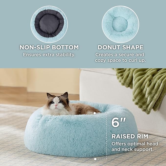 Bedsure Calming Cat Beds for Indoor Cats - Small Cat Bed Washable 20 inches, Anti-Slip Round Fluffy