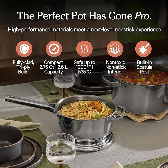 Our Place Titanium Mini Perfect Pot Pro - 2.75 Qt No-Coating Nonstick Pot | Tri-Ply Titanium &