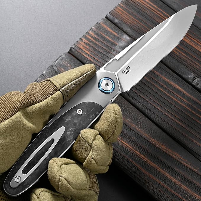 Sitivien ST992 Folding Pocket Knife,Handmade M390 Pearlescent Brushed Steel Blade,Titanium Carbon