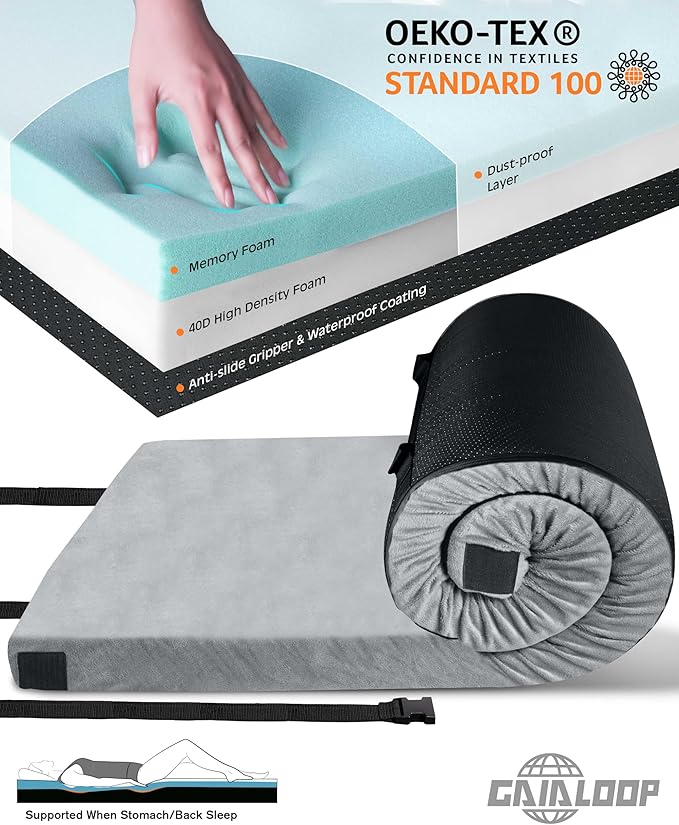 3 Inch GAIALOOP Thick Memory Foam Camping Mattress Sleeping Pad [Car/Tent/Cot] Glamping Portable
