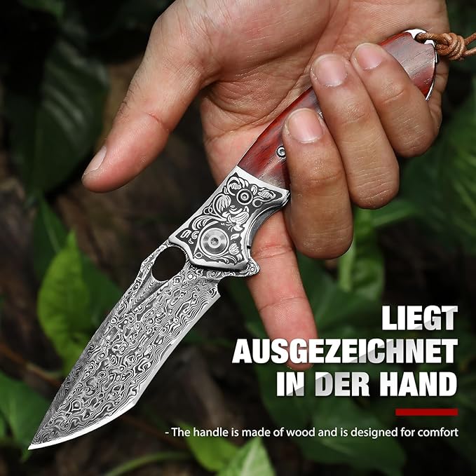 Damascus Steel Folding Pocket Knife with VG10 Core, Wooden Handle & Leather Sheath, Outdoor Knife