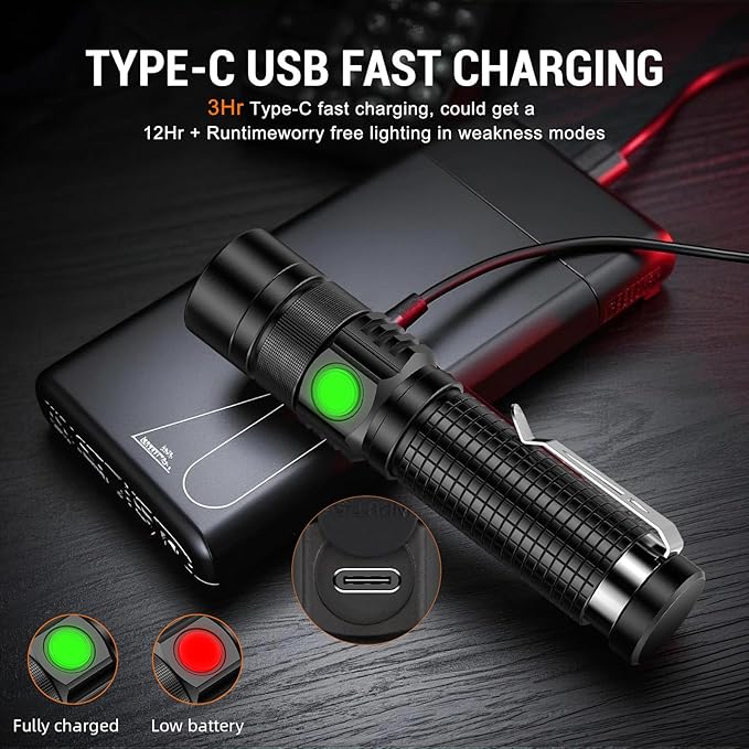 LED Tactical Flashlight Rechargeable - One Click SOS, Super Bright Small LED Flashlight 3Hr USB-C