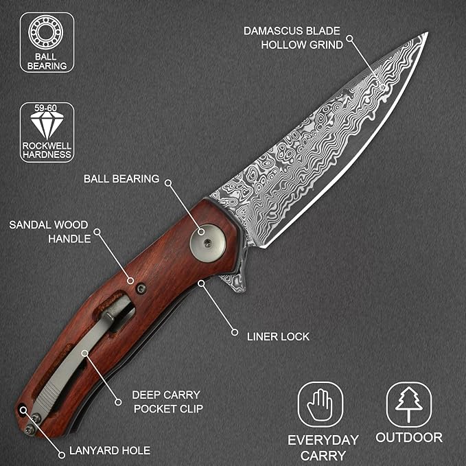 AUBEY Damascus Folding Pocket Knife Handmade with Clip for Men, Damascus Hunting Knife EDC Knife