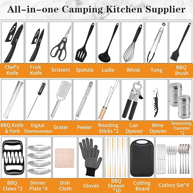Camping Essentials Cookware Cooking Utensils Set - Portable Camp Kitchen Mess Kit Outdoor