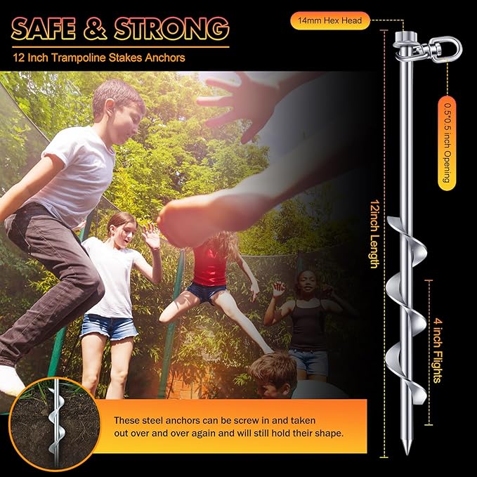 Zhengmy 24 Pcs Ground Anchors Screw in, 12 Inch Heavy Duty Tent Stakes with Trampoline Anchor Hook