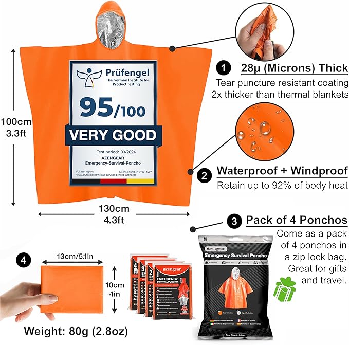 aZengear Emergency Survival Poncho (4pc) Thermal Mylar Foil Blanket for Heat Retention and Rain |