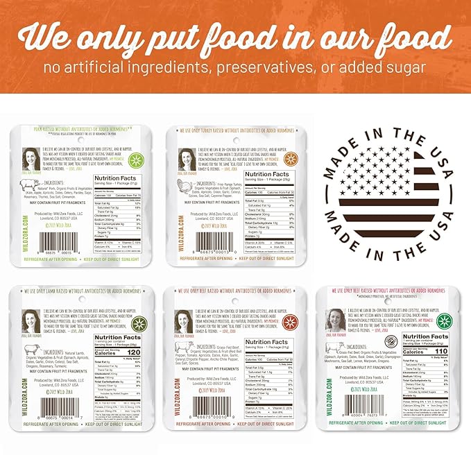 Wild Zora Meat & Veggie Bars, Variety 5-Pack, Natural Pork, Beef, Lamb, & Turkey Jerky Snacks