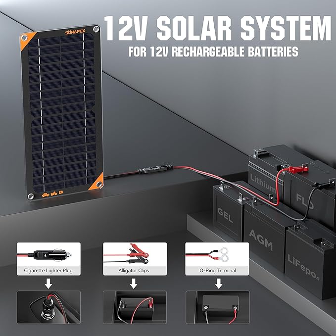SUNAPEX 12V Solar Battery Charger: 10W Portable Waterproof Solar Panels Trickle Charger Battery