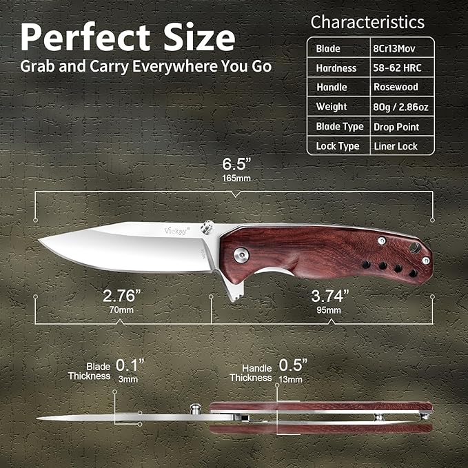 Vickay Pocket Knife for Men, Folding Knife for Women with Clip, 2.9inch 8Cr13MoV Steel Blade, Wood