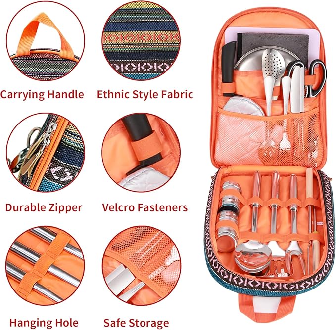 Portable Camping Kitchen Utensil Set-27 Piece Cookware Kit, Stainless Steel Outdoor Cooking and