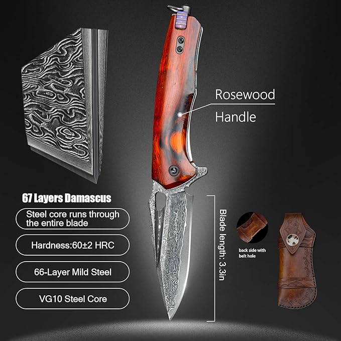 Damascus steel multifunctional EDC folding knife with self assembling pocket clip, lining lock