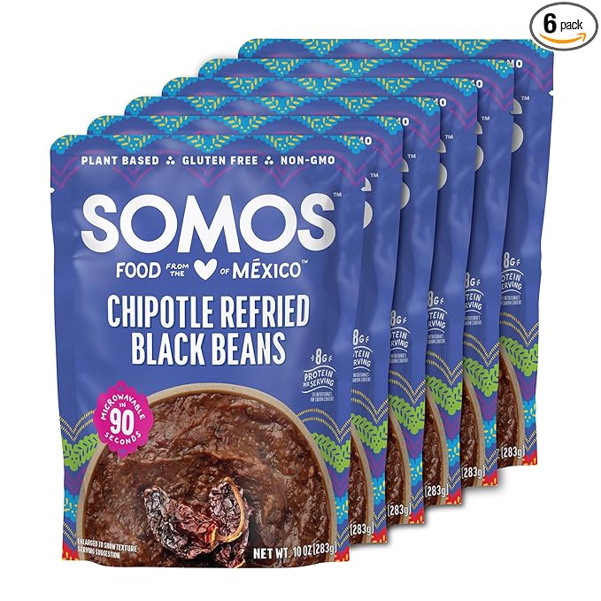 SOMOS Chipotle Refried Black Beans - Gluten Free, Non-GMO, Vegan & Microwavable Meals Ready to Eat