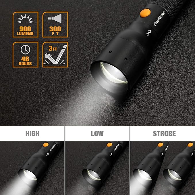 EverBrite Ultra Bright Tactical Flashlight, 900 Lumen Zoomable Adjustable Focus, 3 Light Modes