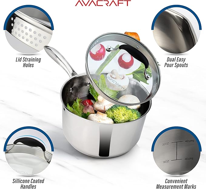 AVACRAFT Multipurpose Sauce Pan/Pot, Stainless Steel with Glass Strainer Lid, Two Side Spouts for
