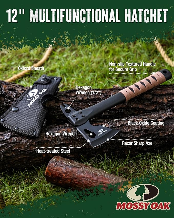 MOSSY OAK 12" Camping Axe and Survival Hatchet with Sheath, Compact Outdoor Multitool Hatchet with