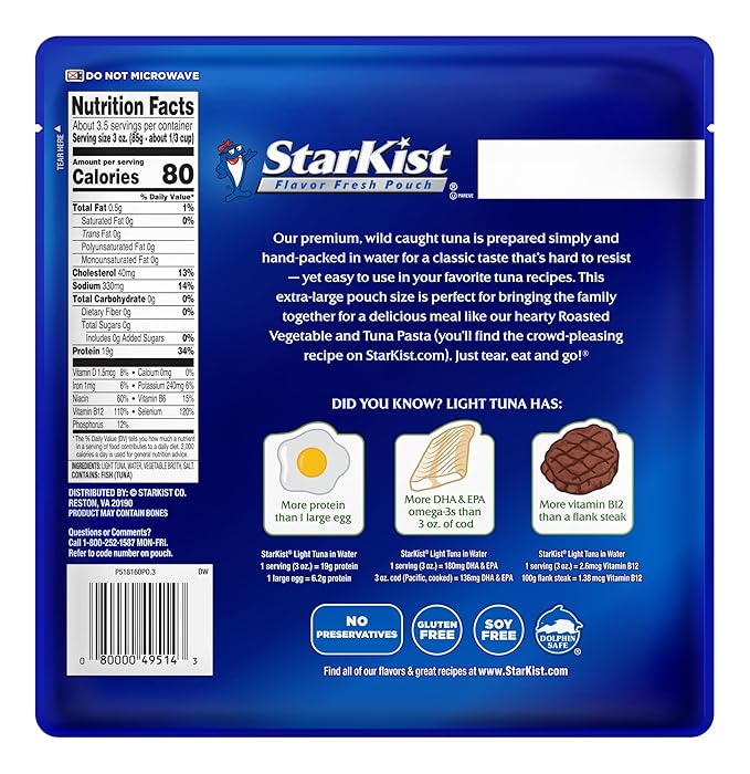 StarKist Chunk Light Tuna in Water, 11 oz Pouch (1 Pack) Ready to Eat Wild Caught Tuna, 19g Protein