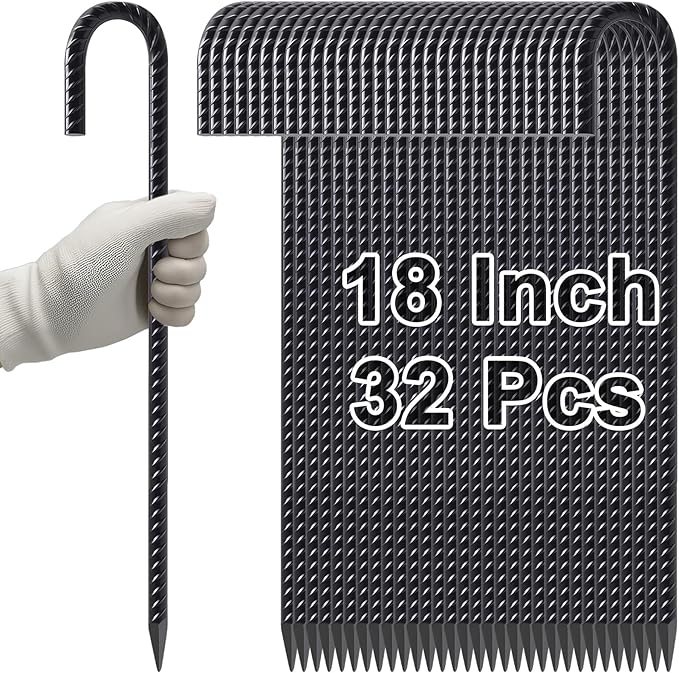 VVOKGO Rebar Stakes 18 Inch J Hook Heavy Duty Ground Anchors (32-Pack), 3/8" Diameter Metal Steel