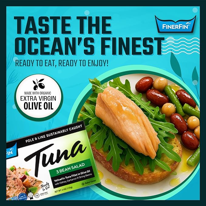 FinerFin Yellowfin Tuna In Organic Olive Oil ??3 Bean Salad Flavor (4.4oz can - 6 Pack); Premium