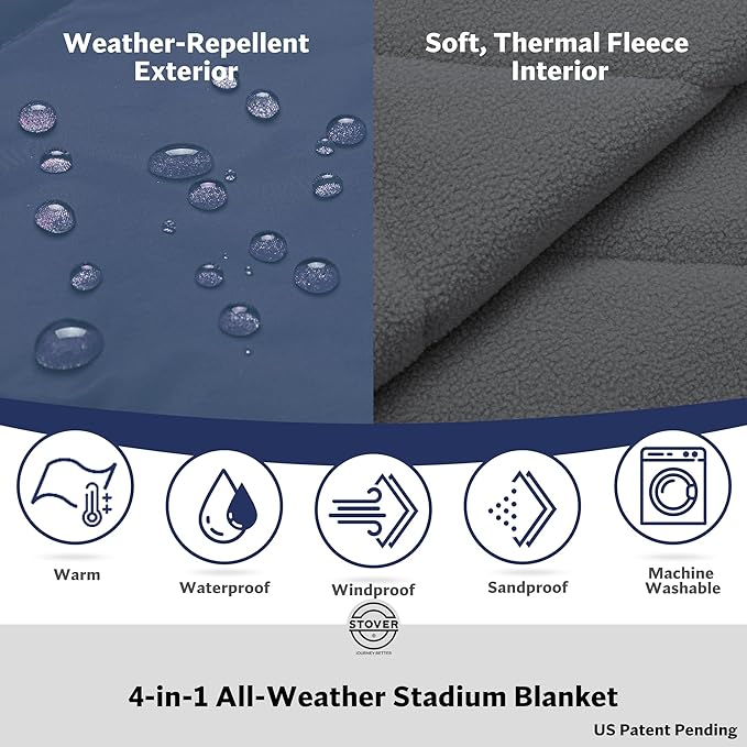 STOVER Waterproof Stadium Blanket – Portable Outdoor Camping Blanket for Travel, Picnics, or Sports