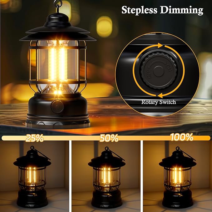 Retor LED Camping Lanterns Black 3 Pack 1500 LM Step-Less Dimming, Lightweight Battery Powered USB