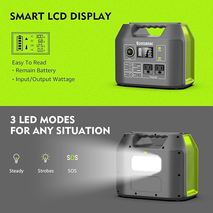 EnginStar Solar Generator, 300W Portable Power Station, 296Wh Lithium Battery Backup w/Two 110V