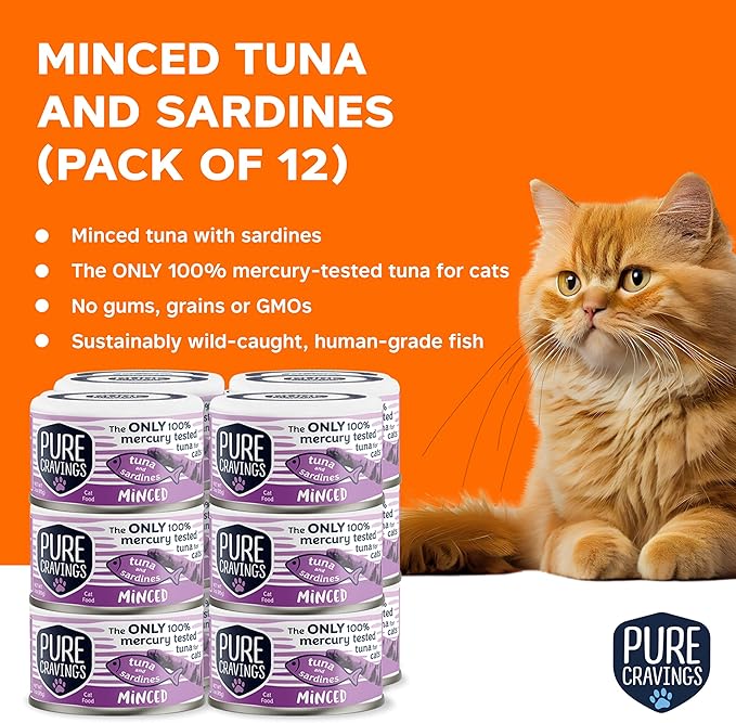 Pure Cravings Minced Tuna and Sardines Wet Canned Cat Food, 100% Mercury-Tested, Moist Can Fish for