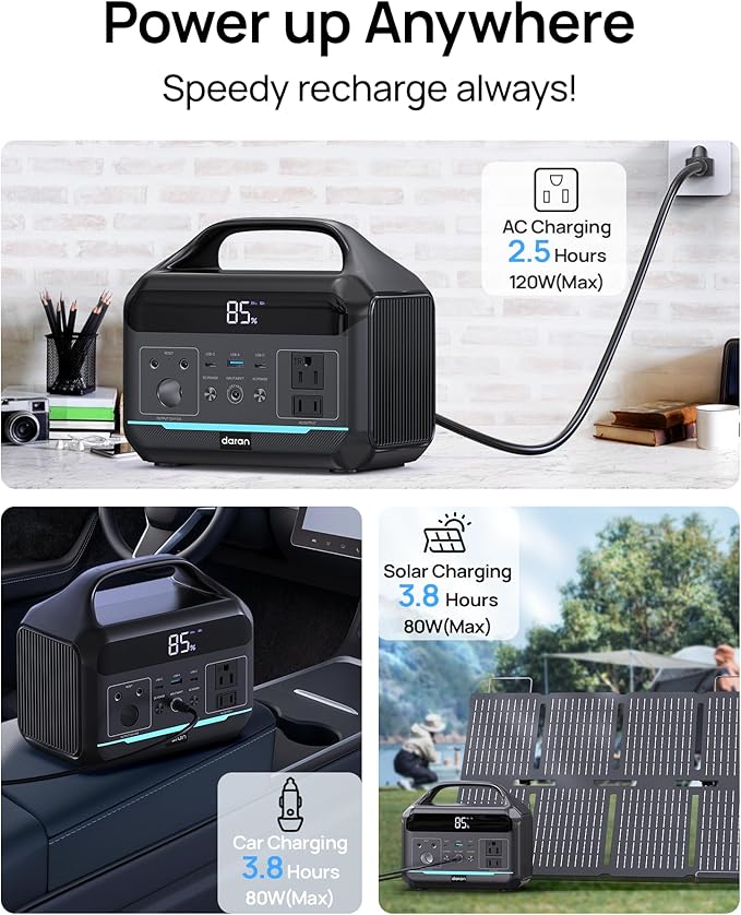 DARAN Portable Power Station 600W(1200W Surge) - 288Wh(90,000mAh) Solar Generator LiFePO4 Battery
