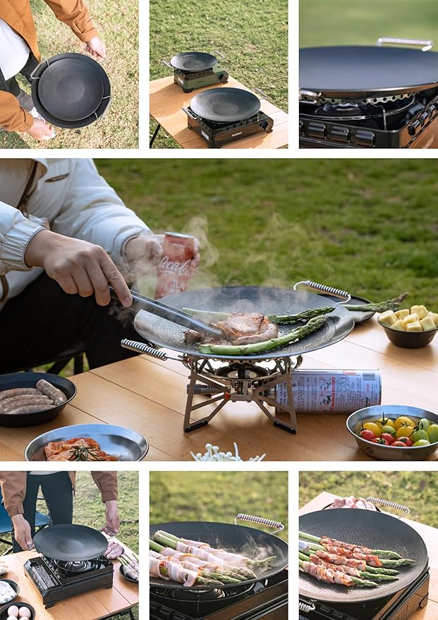 camping moon BBQ Grill Pan Dia 12.8-inch Round Griddle 3-Ply Composite Steel Nonstick Foldable