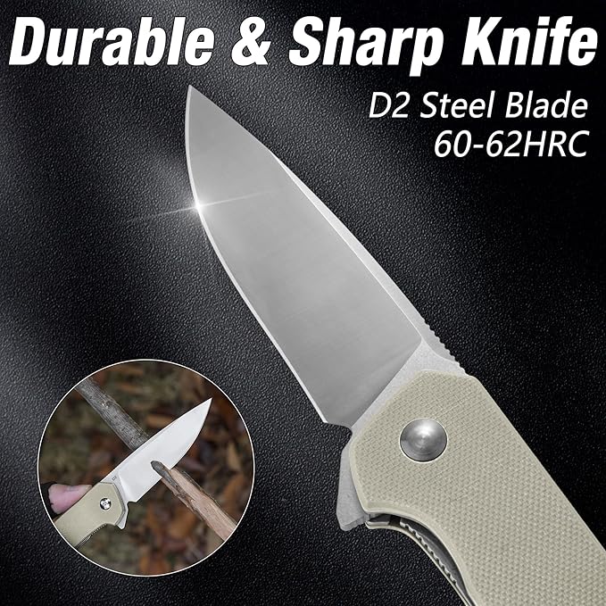 FLISSA Pocket Knife, Folding Tactical Knife with G10 Handle, D2 Blade, Liner Lock, Pocket Clip, EDC