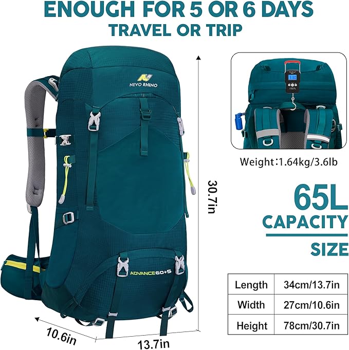 N NEVO RHINO Internal Frame Hiking Backpack 50/60/65/70/80L, Mountain Climbing Camping Backpack