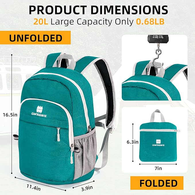 Lightweight Packable Small Hiking Backpack for Women Men - 20L Waterproof Foldable Daypack for