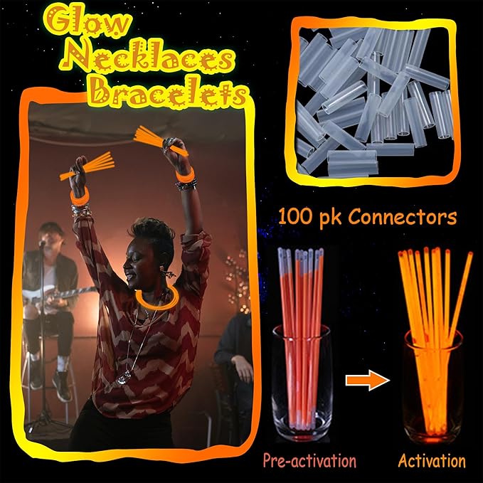 100 pk 8" Orange Glow Sticks Bulk Party Favors, Light up Glow Necklaces & Bracelets in the Dark