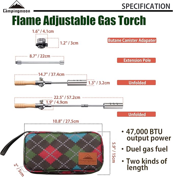 CAMPINGMOON Camping Grill Torch Dual Fuel Head Flame Adjustable for Charcoal Starter with Storage