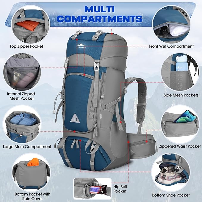 IGOLUMON 60L Hiking Backpack Waterproof Camping Backpack with Rain Cover Large Lightweight