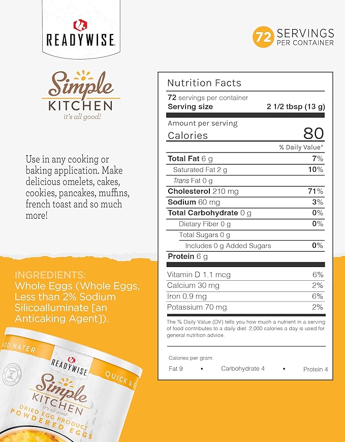 READYWISE - Simple Kitchen, Powdered Eggs, 72 Servings, Emergency Supply, Dehydrated Food, Baking