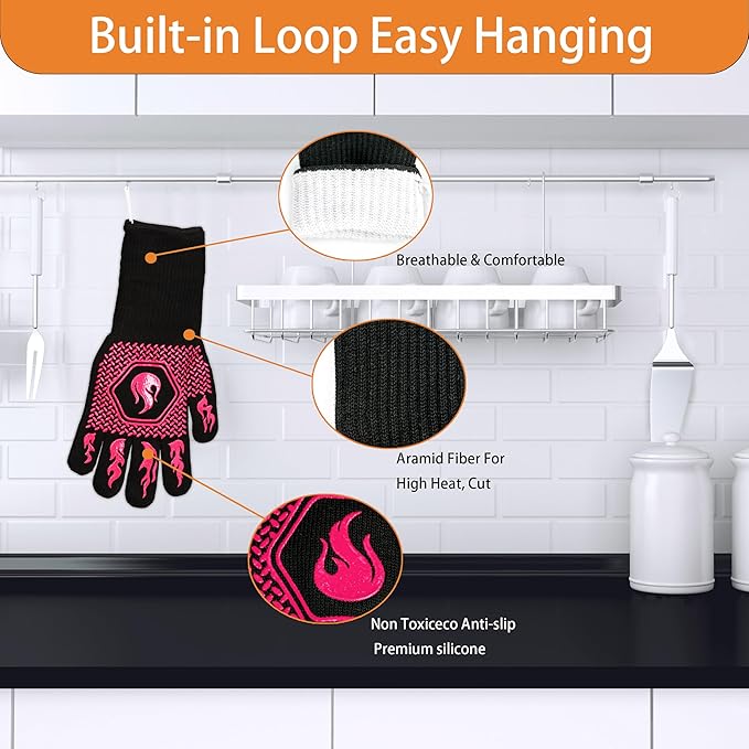 BBQ Fireproof Gloves, Grill Cut-Resistant Gloves 1472°F Heat Resistant Gloves, Non-Slip Silicone