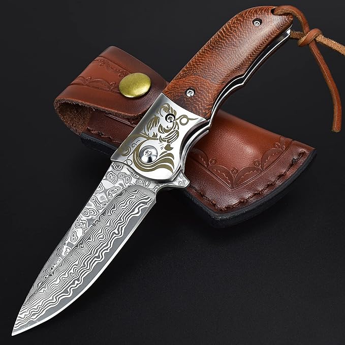 AUBEY Damascus Pocket Knife with Clip, Folding Knives with VG10 Damascus Steel Blade, Wooden