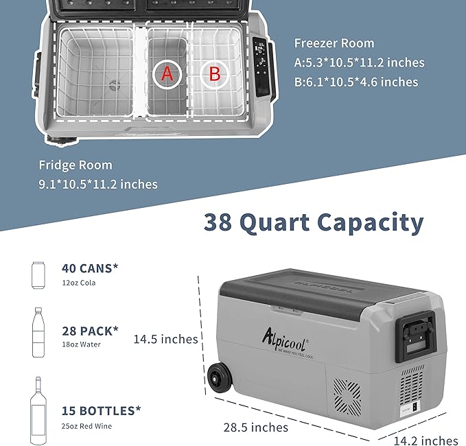 Alpicool T36 Dual Temperature Control 12 Volt Refrigerator 38 Quart Portable Car Fridge Freezer