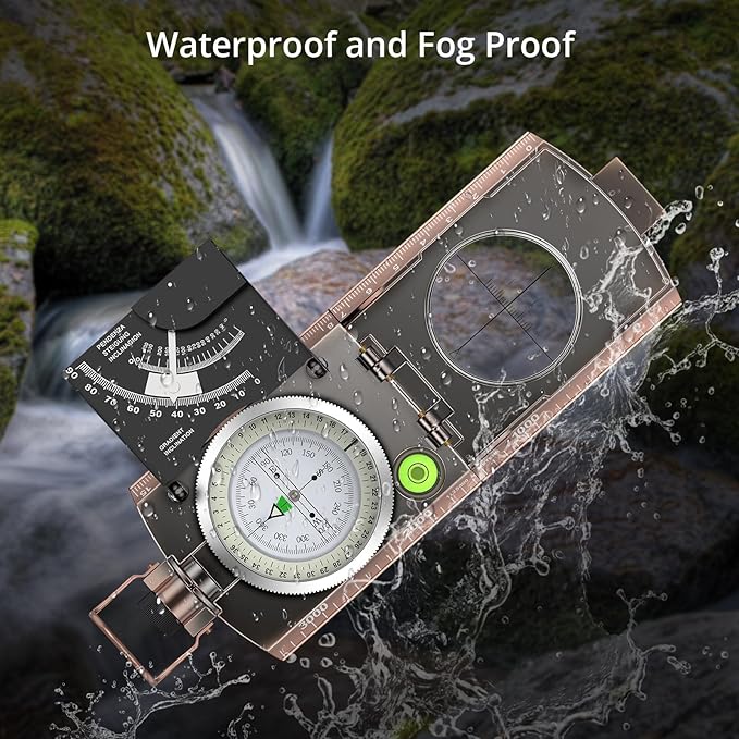 Compass Hiking Survival, IP65 Waterproof Metal Compass with Sighting Clinometer and Carry Bag